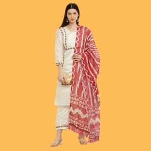 Elegant White Cotton Kurta With Red Printed Dupatta