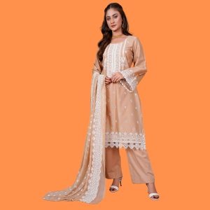 Beige Straight Kurta Set with White Chikankari Embroidery & Lace Detailing