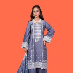 Elegant Grey Cotton Kurta with White Embroidery & Lace Detailing