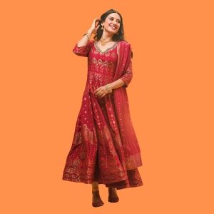 Women's Festive Anarkali Kurta Set in Rich Maroon with Dupatta