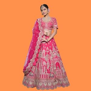 Designer Pink Bridal Lehenga Choli with Heavy Embroidery & Net Dupatta