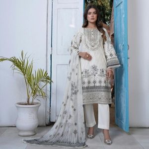 Elegant White & Grey Embroidered Cotton Suit Set with Dupatta